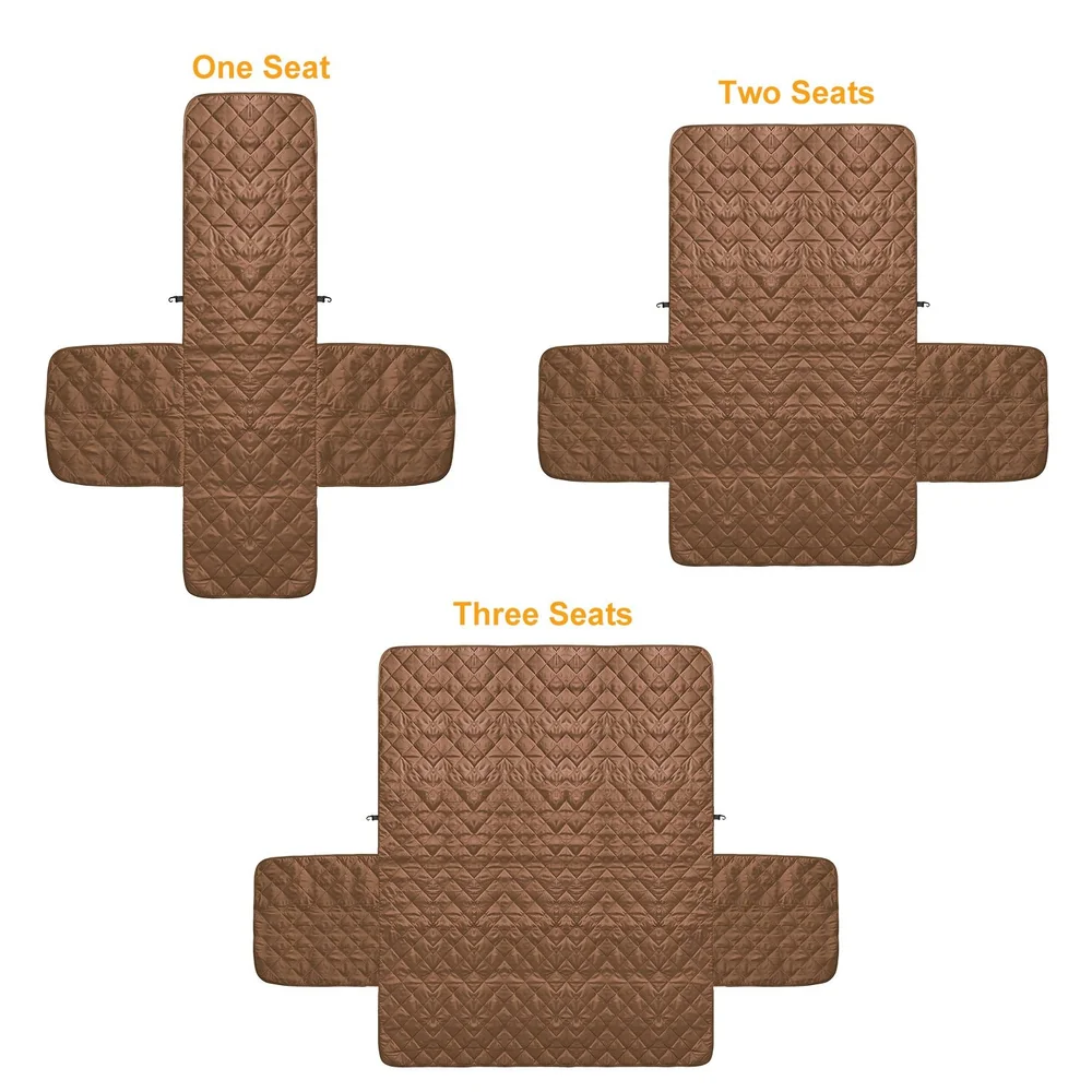 Quilted couch cover available in configurations for one, two, or three seats, shown in a rich brown color with clear labels for easy size identification.