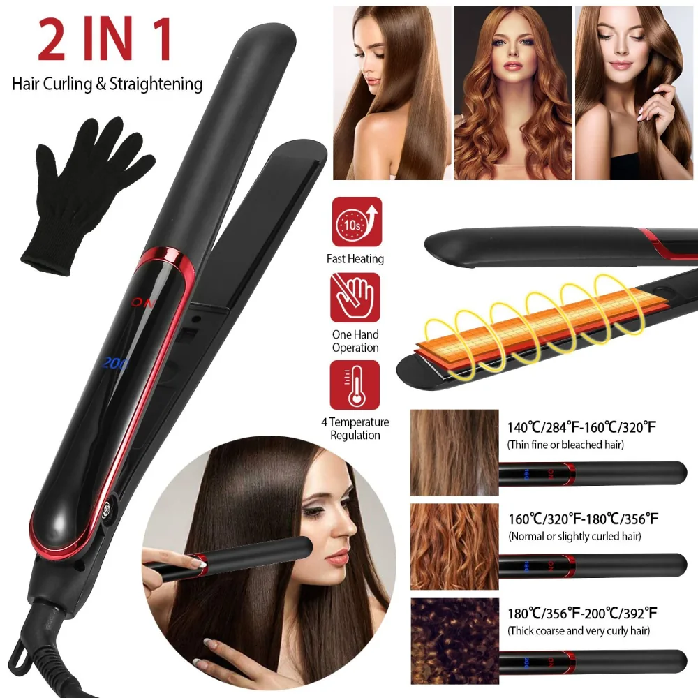 2-in-1 hair curling and straightening iron with fast heating, featuring four temperature settings and ergonomic design for easy one-hand operation, displayed alongside protective glove and images of styled hair.