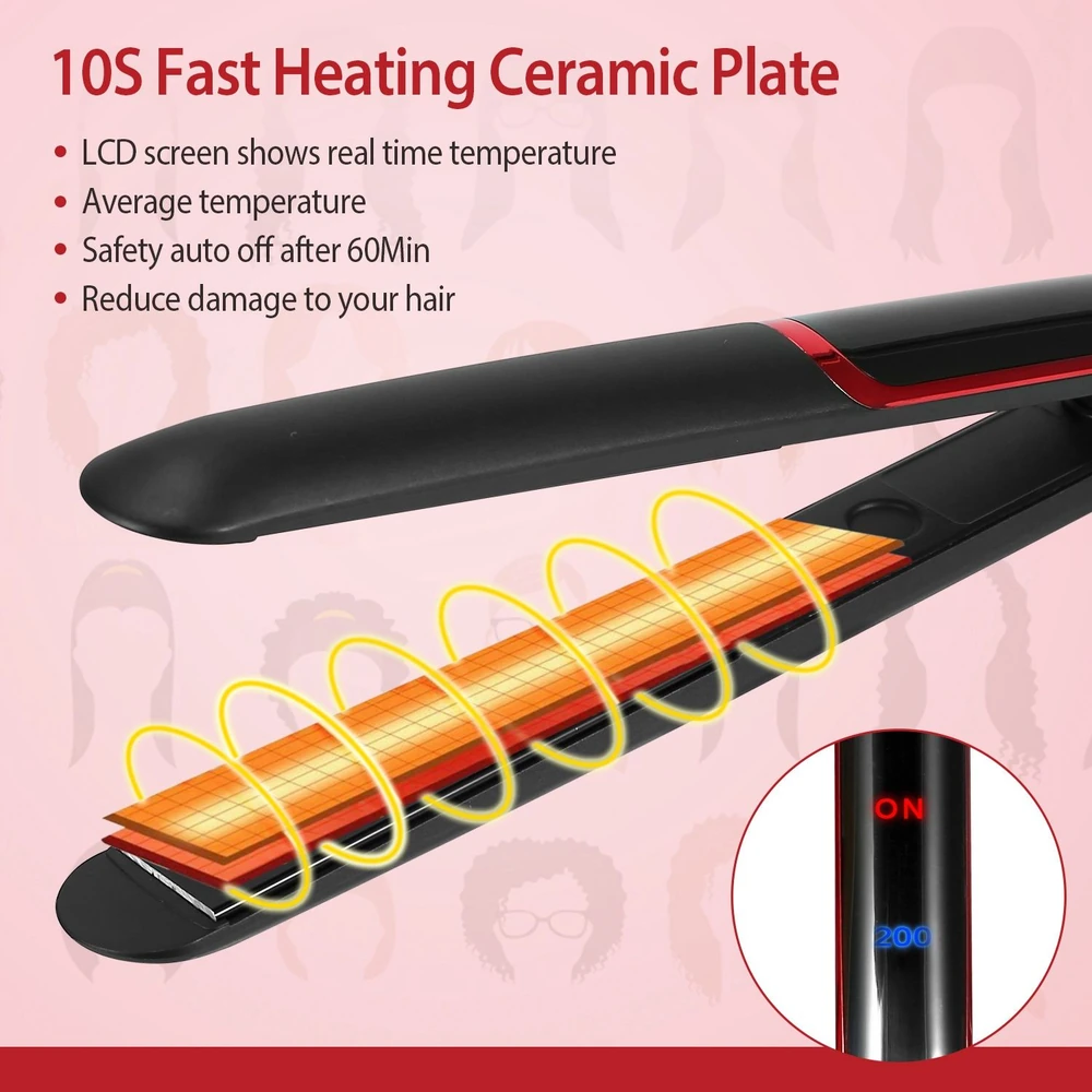 Fast heating ceramic hair straightener with LCD screen displaying temperature and safety auto-off feature, designed to minimize hair damage.