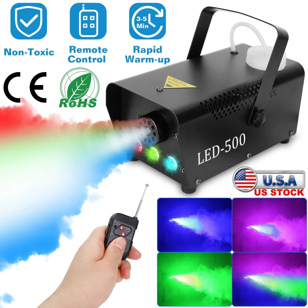LED-500 fog machine with remote control, emitting colorful fog in red, blue, and green, ideal for parties and events, features rapid warm-up and non-toxic operation.