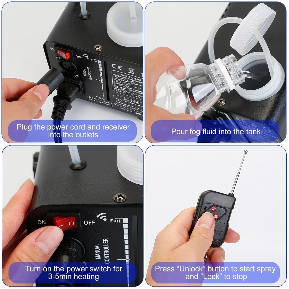 Image showing step-by-step instructions for using a fog machine, including plugging in the power cord, pouring fog fluid into the tank, turning on the power switch, and operating the remote control.