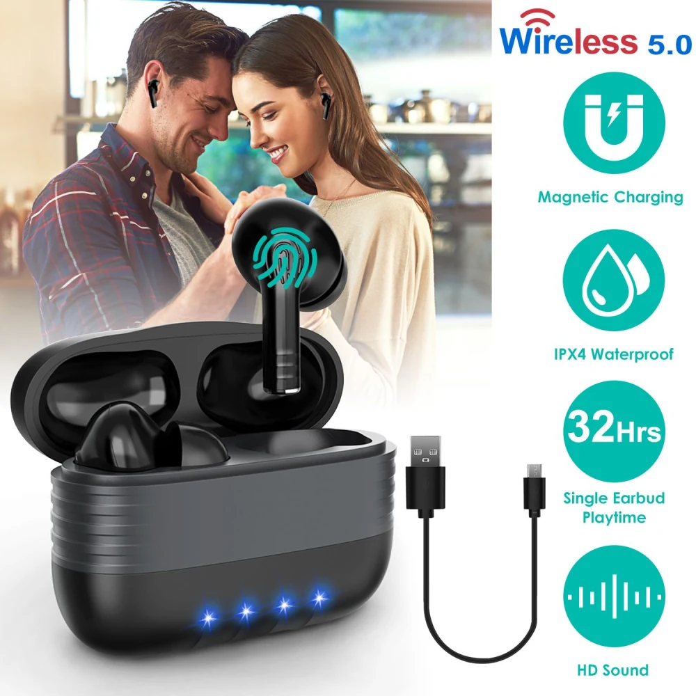 Wireless earbuds in a charging case featuring magnetic charging, IPX4 waterproof rating, 32 hours of single earbud playtime, and HD sound, with illuminated battery indicators and USB charging cable.