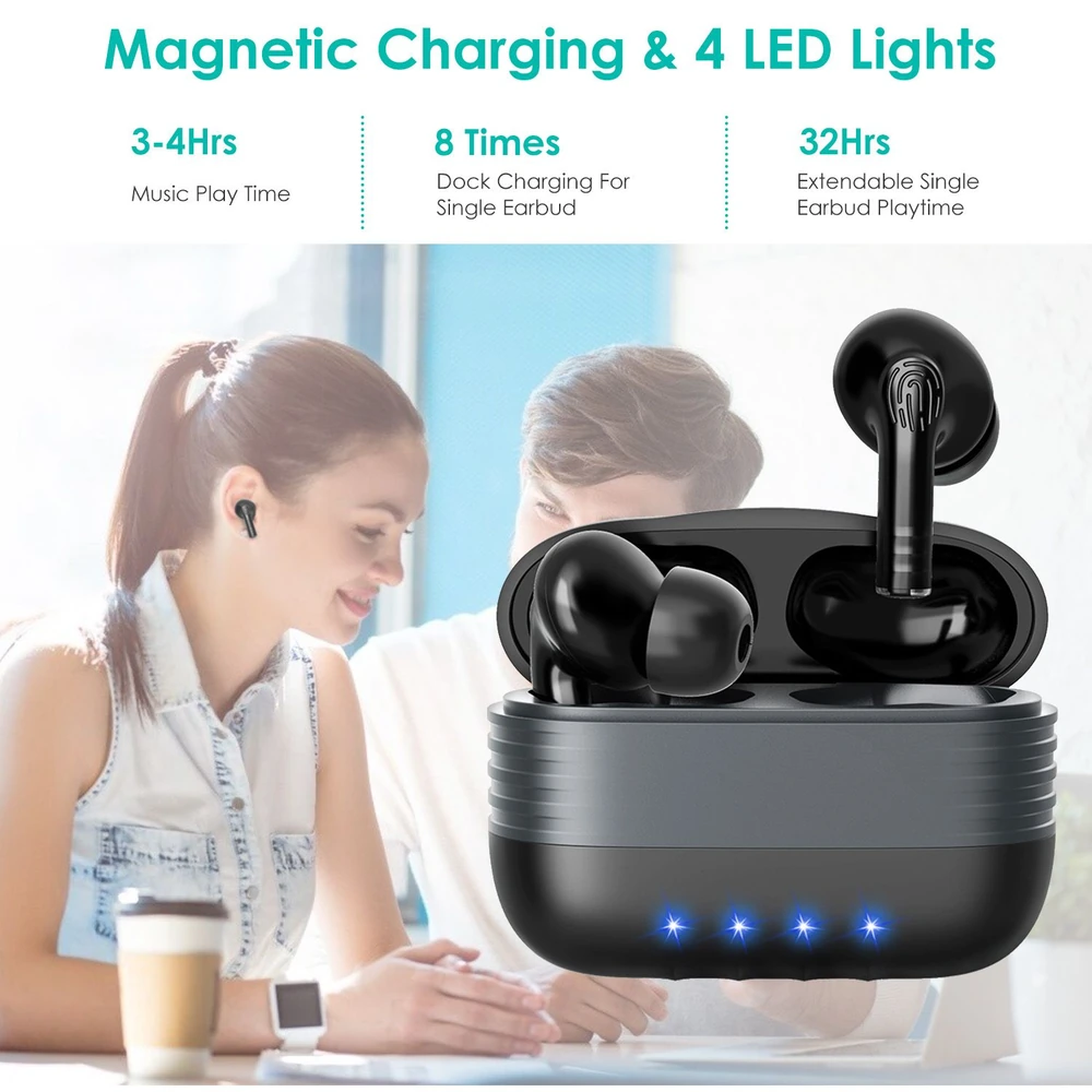 Wireless earbuds with a sleek charging case featuring magnetic charging, LED indicator lights, and impressive playtime capabilities of up to 32 hours, showcased in a modern setting with users enjoying their music.