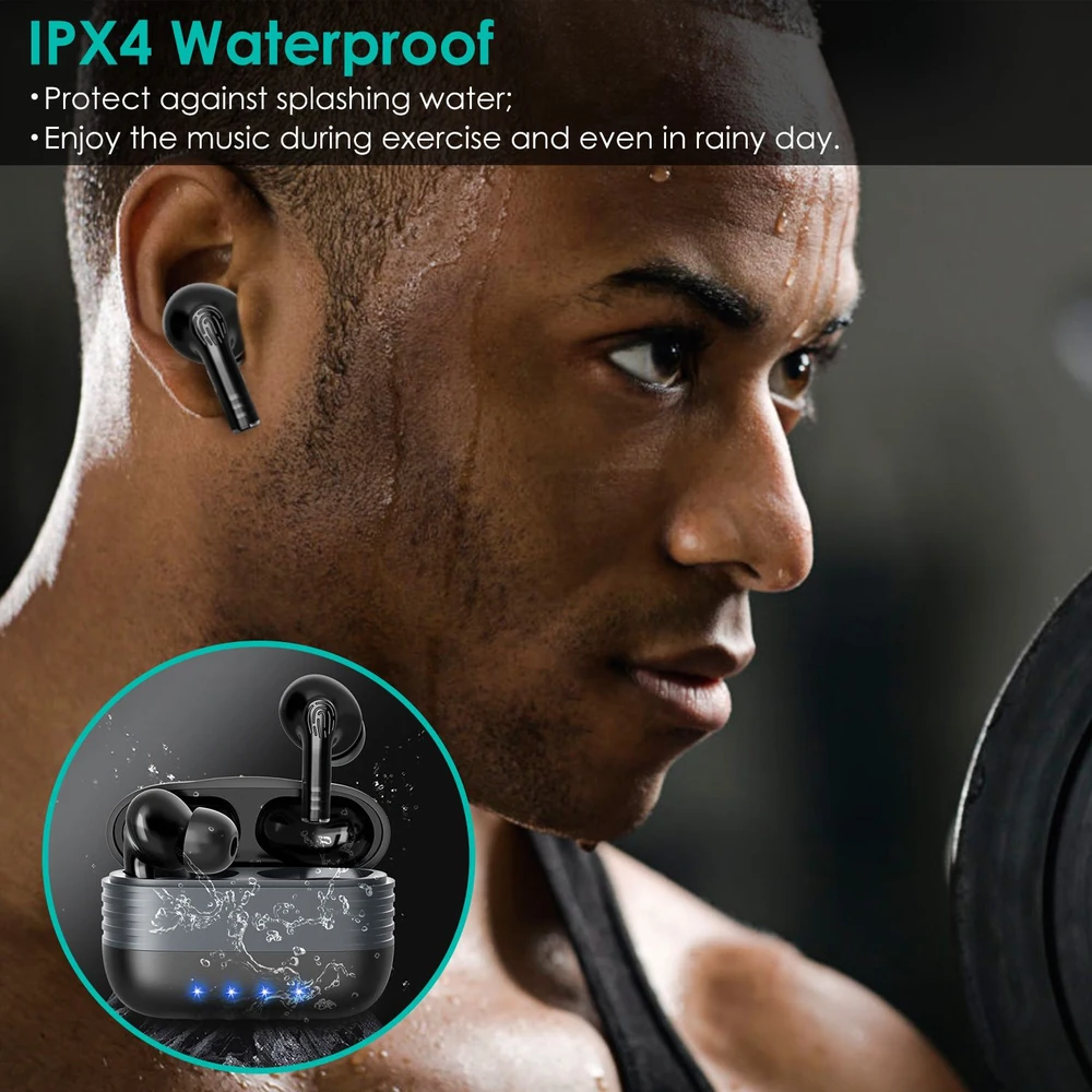 Wireless earbuds showcased in a fitness setting, featuring IPX4 waterproof design, ideal for enjoying music during workouts.