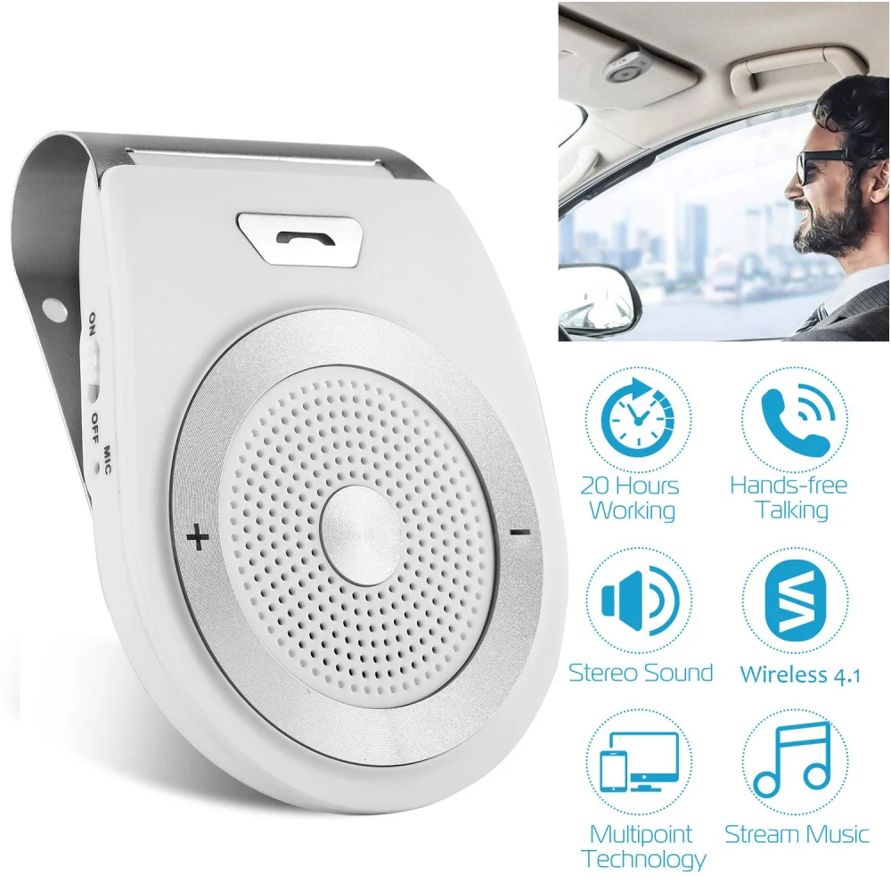 Bluetooth car speaker with hands-free calling, featuring a sleek white design, adjustable volume control, and offering 20 hours of battery life for wireless audio streaming and clear sound.