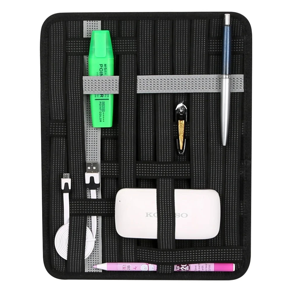 Stylish black organizer with various stationery items including a green highlighter, silver pen, USB cable, and a portable charger, neatly arranged in elastic straps.