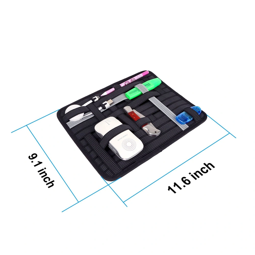 Black organizer pouch with multiple compartments displaying various tools and stationery items, measuring 9.1 x 11.6 inches.