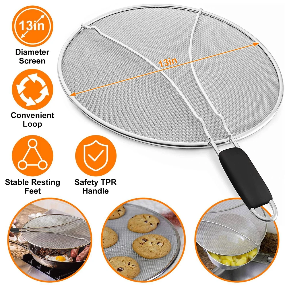 13-inch stainless steel splatter screen with TPR handle and stable resting feet, ideal for frying and cooking, shown with images of its uses in the kitchen.