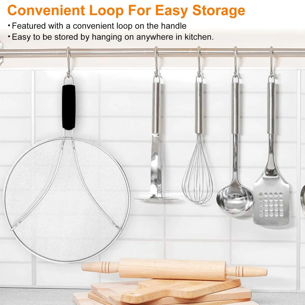 Stainless steel kitchen utensils hanging on a storage rack, featuring a round mesh strainer with a black loop handle for easy access and organization.