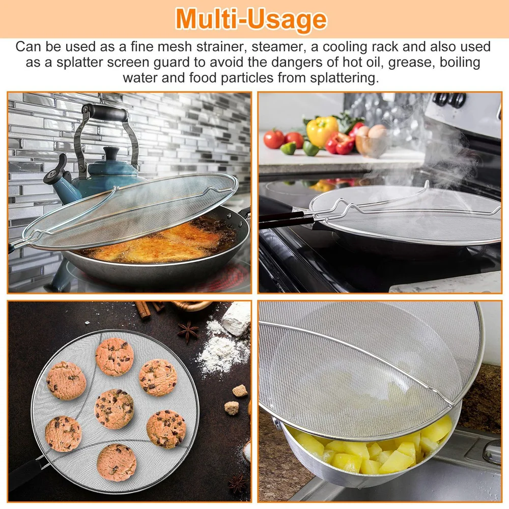 Multi-use kitchen splatter guard and fine mesh strainer, shown in four scenarios: frying food, steaming vegetables, cooling cookies, and preventing splatters.