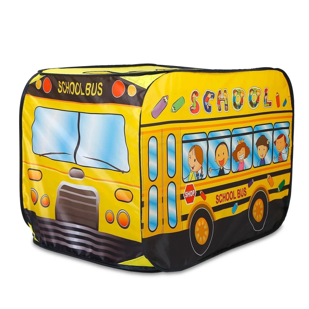 Colorful play tent featuring a school bus design with cartoon children, ideal for imaginative play and indoor adventures.