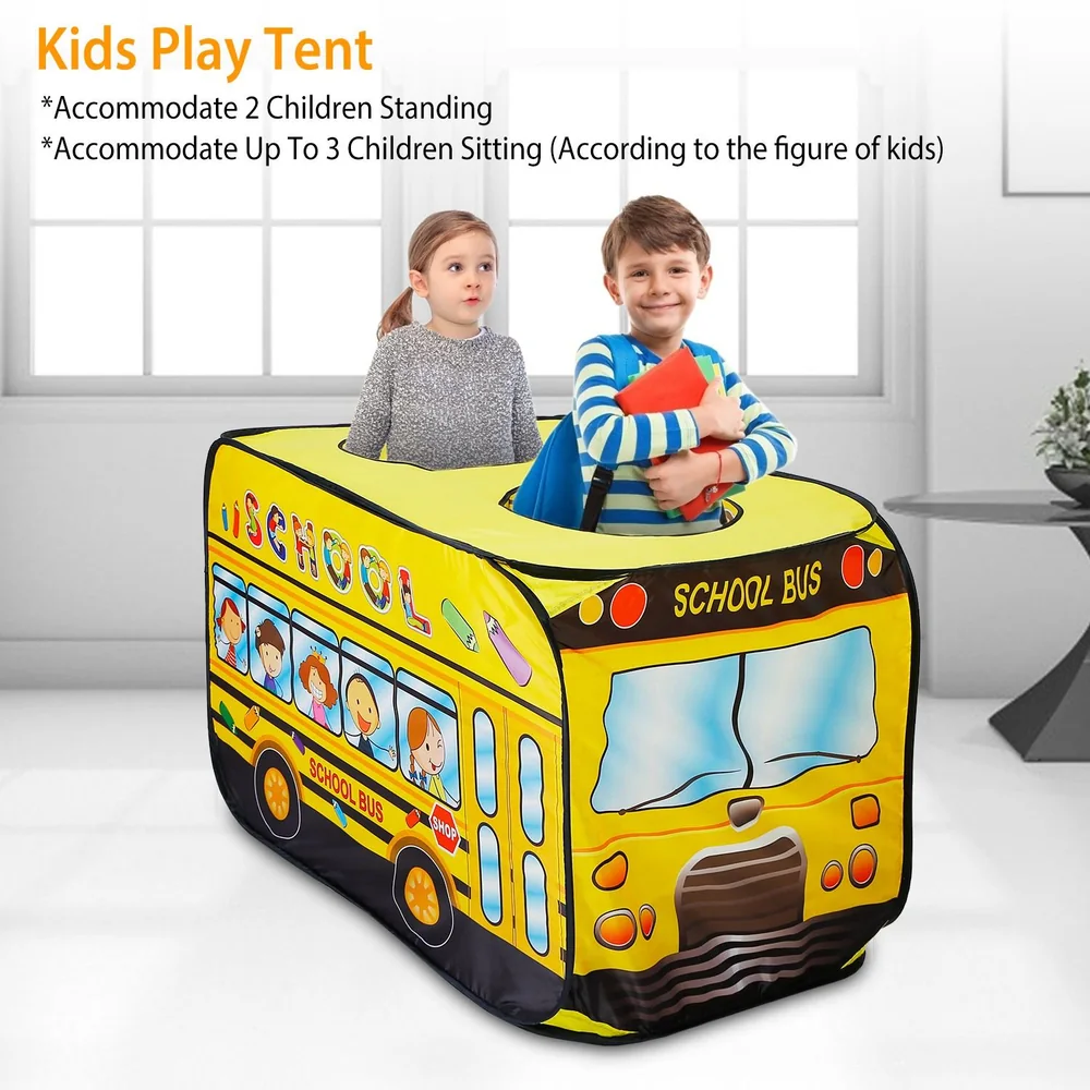 Kids play tent designed like a colorful school bus, accommodating two children standing or up to three sitting, ideal for imaginative play and indoor activities.