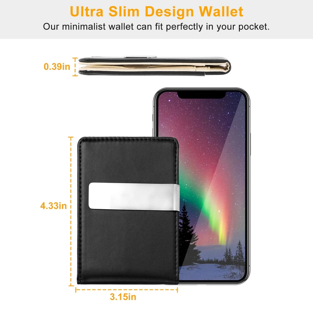 Minimalist black leather wallet designed for slim portability, with dimensions of 4.33 inches by 3.15 inches, placed next to a smartphone displaying a colorful aurora background.