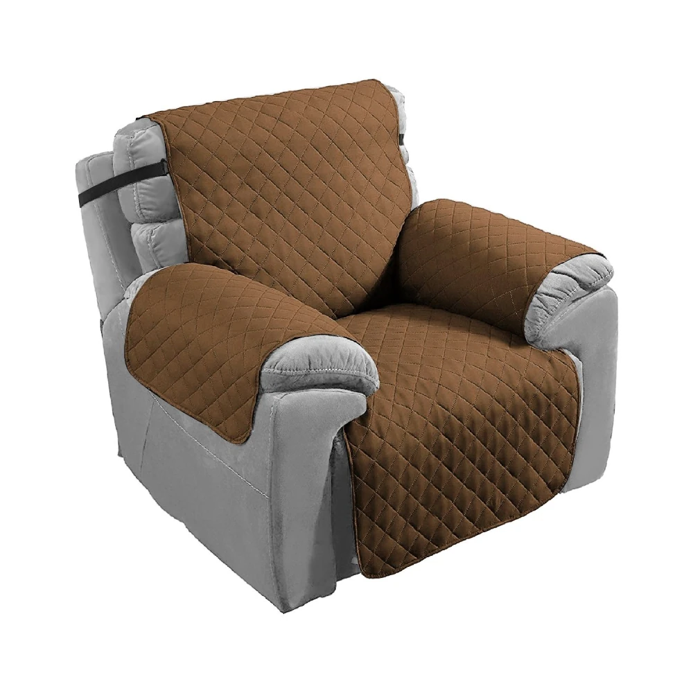 Recliner chair covered with a brown quilted protective cover, enhancing comfort and style while safeguarding against spills and wear.