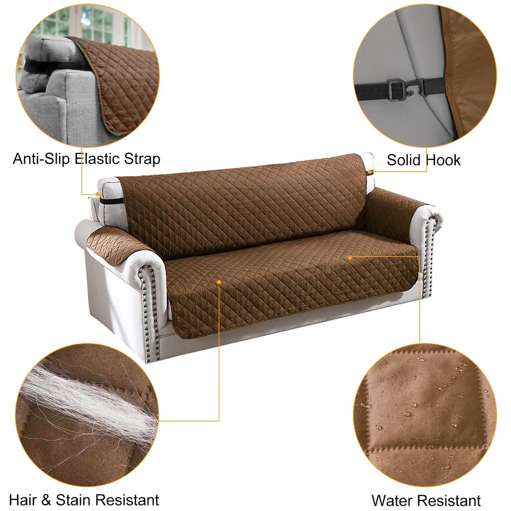 Brown quilted sofa cover featuring anti-slip elastic strap, solid hook, hair and stain resistance, and water resistance.