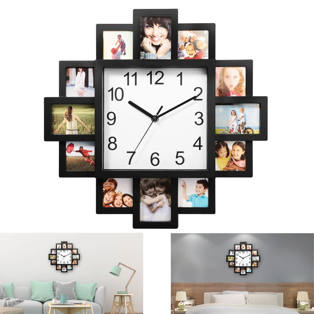 Black photo frame wall clock featuring multiple picture slots for personal photographs, suitable for home decor in living rooms and bedrooms.