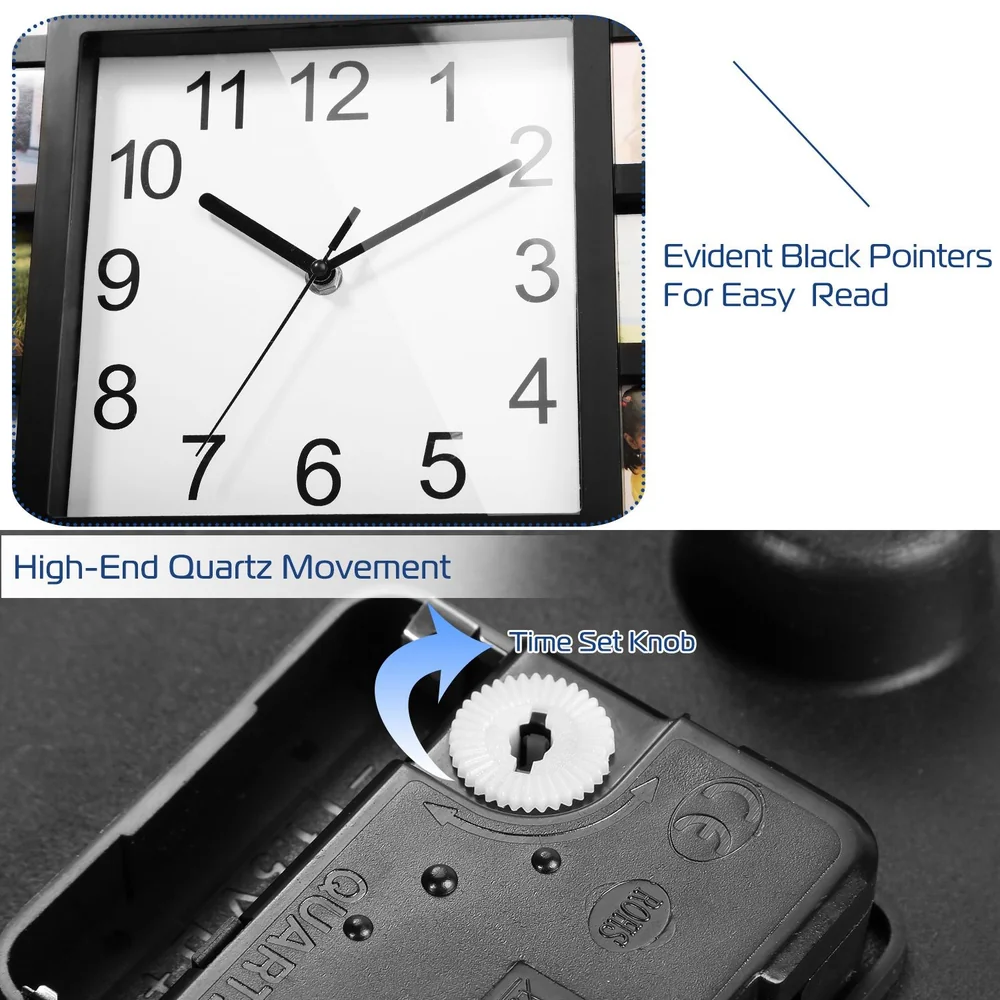 Black wall clock with large numbers and black hands for easy readability, featuring high-end quartz movement and a time set knob for accurate adjustments.