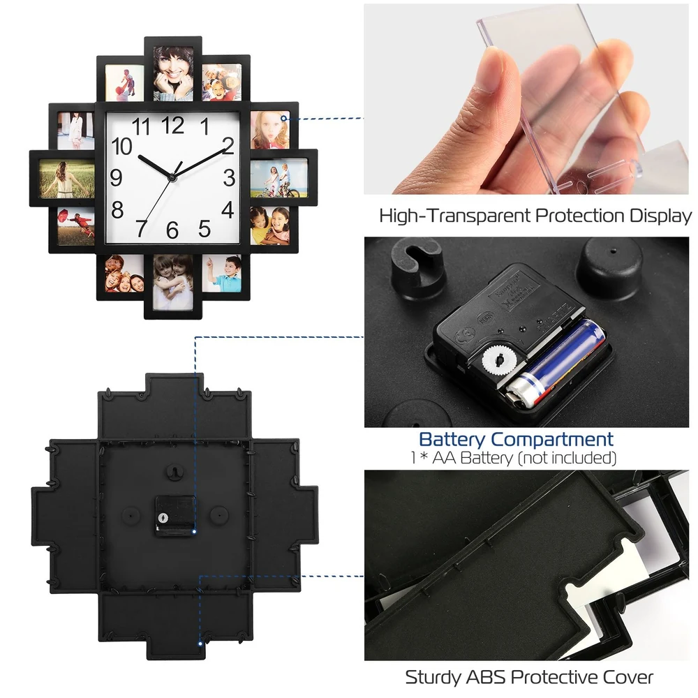 Black photo frame wall clock featuring a clear clock face and multiple slots for displaying photos, complete with a battery compartment for AA battery use, designed for easy installation and stylish home decor.