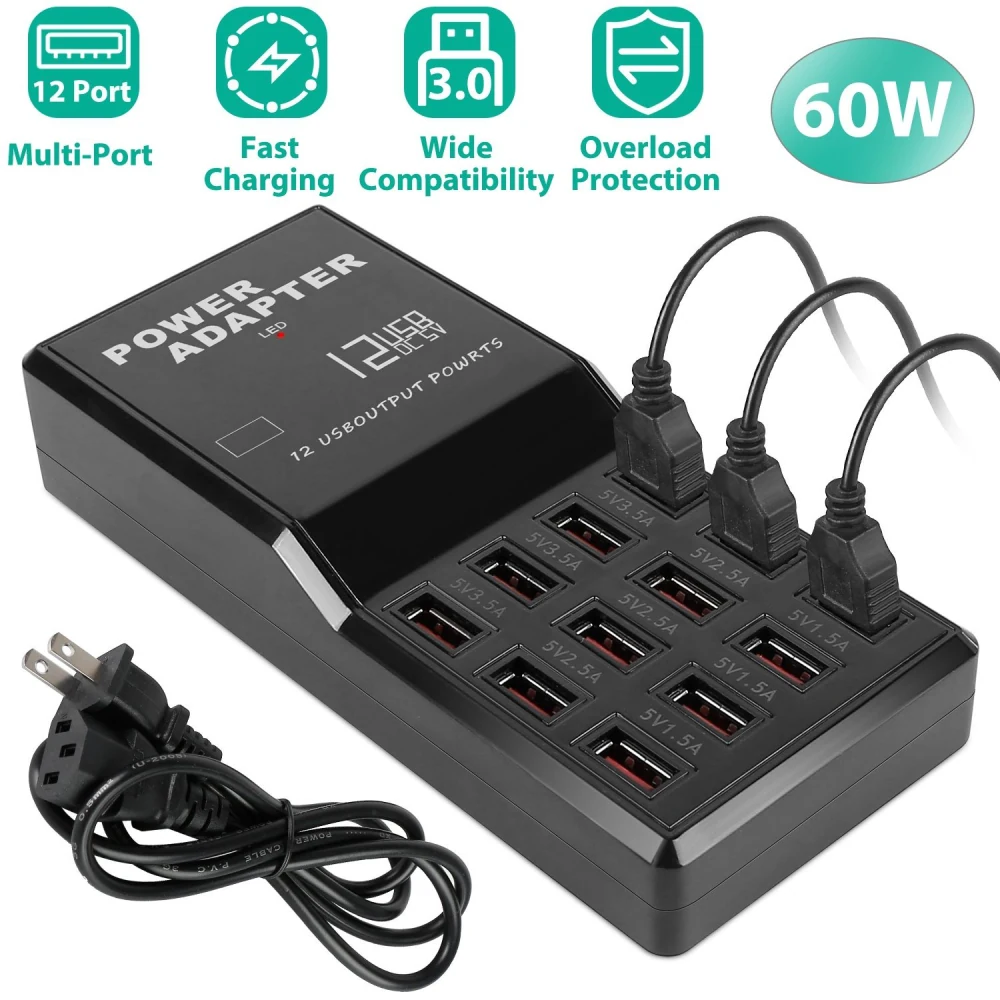 Multi-port USB power adapter with 12 output ports, fast charging capability, overload protection, and included power cord.