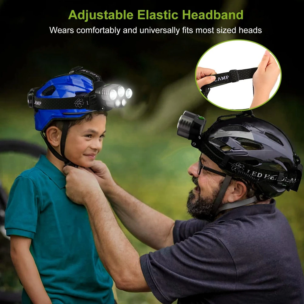 Adjustable elastic headband helmet light being fitted on a child, ideal for a comfortable and secure fit for outdoor activities.