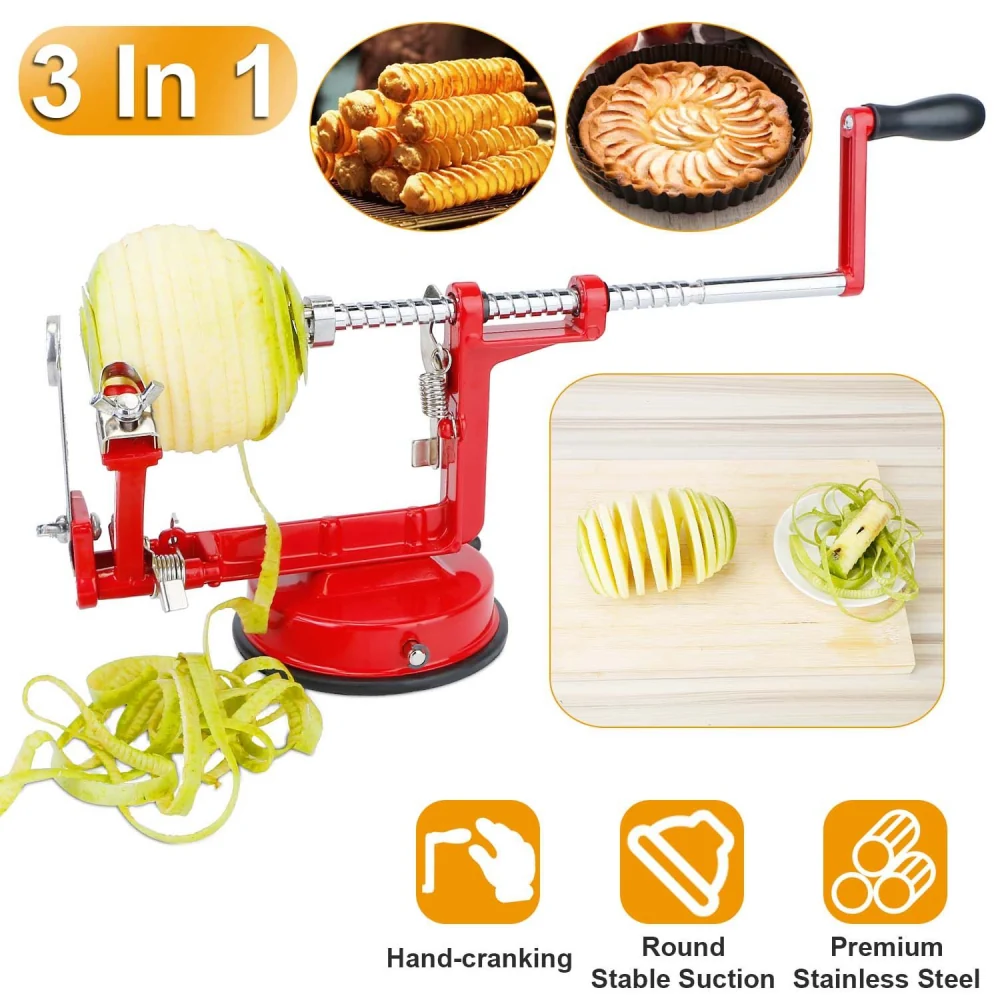 3-in-1 apple peeler, corer, and slicer in vibrant red, featuring a hand-crank design and a sturdy suction base, ideal for creating perfectly sliced apple rings and spiral potatoes.