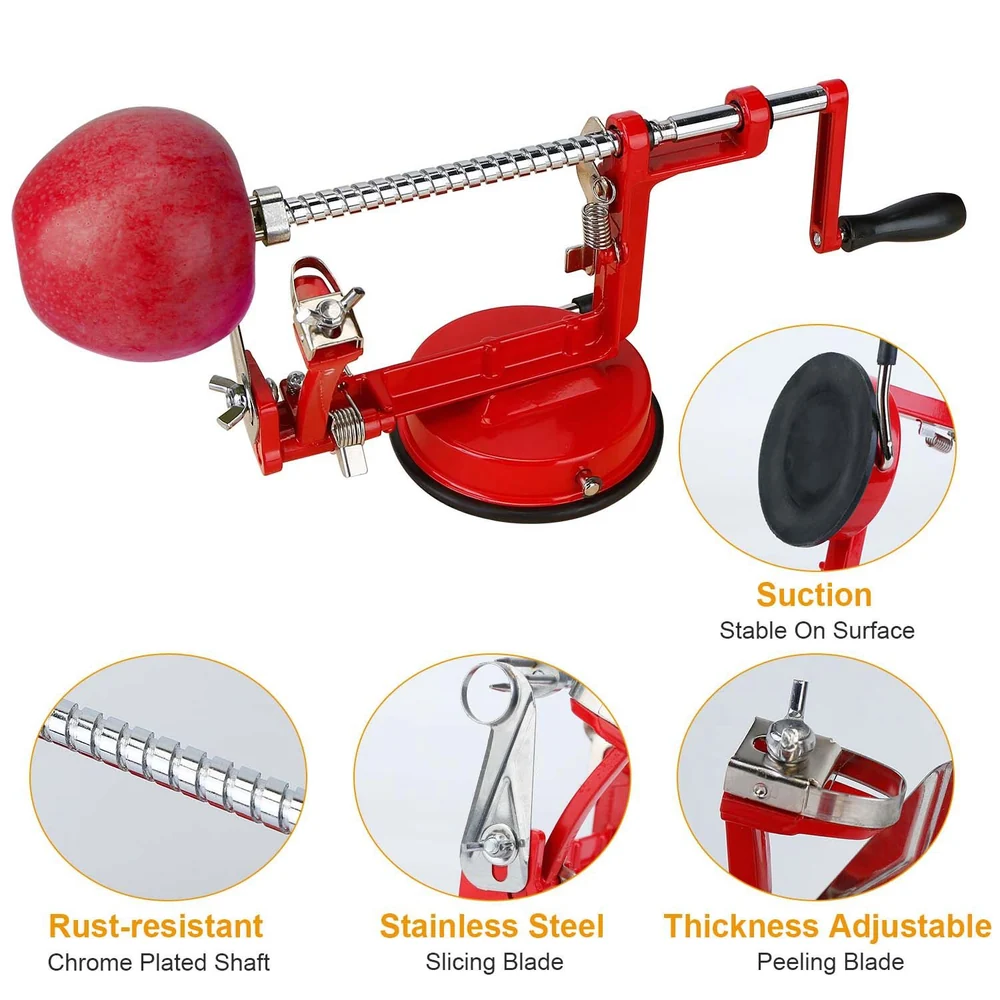 Red apple peeler and corer with stainless steel slicing blade, chrome-plated shaft, and adjustable thickness, featuring a suction base for stability on surfaces.