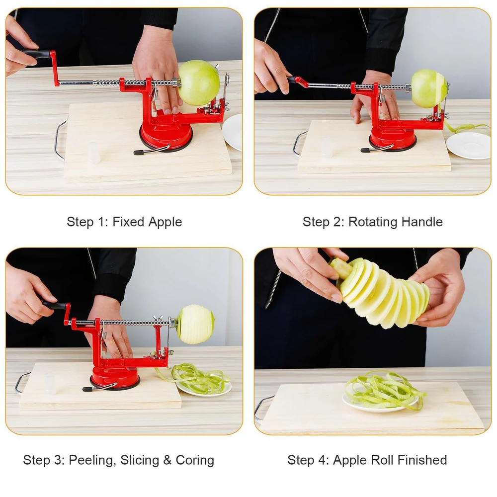 Apple peeler corer slicer in use, demonstrating four steps: fixing the apple, rotating the handle, peeling and slicing, and displaying the finished apple rolls.