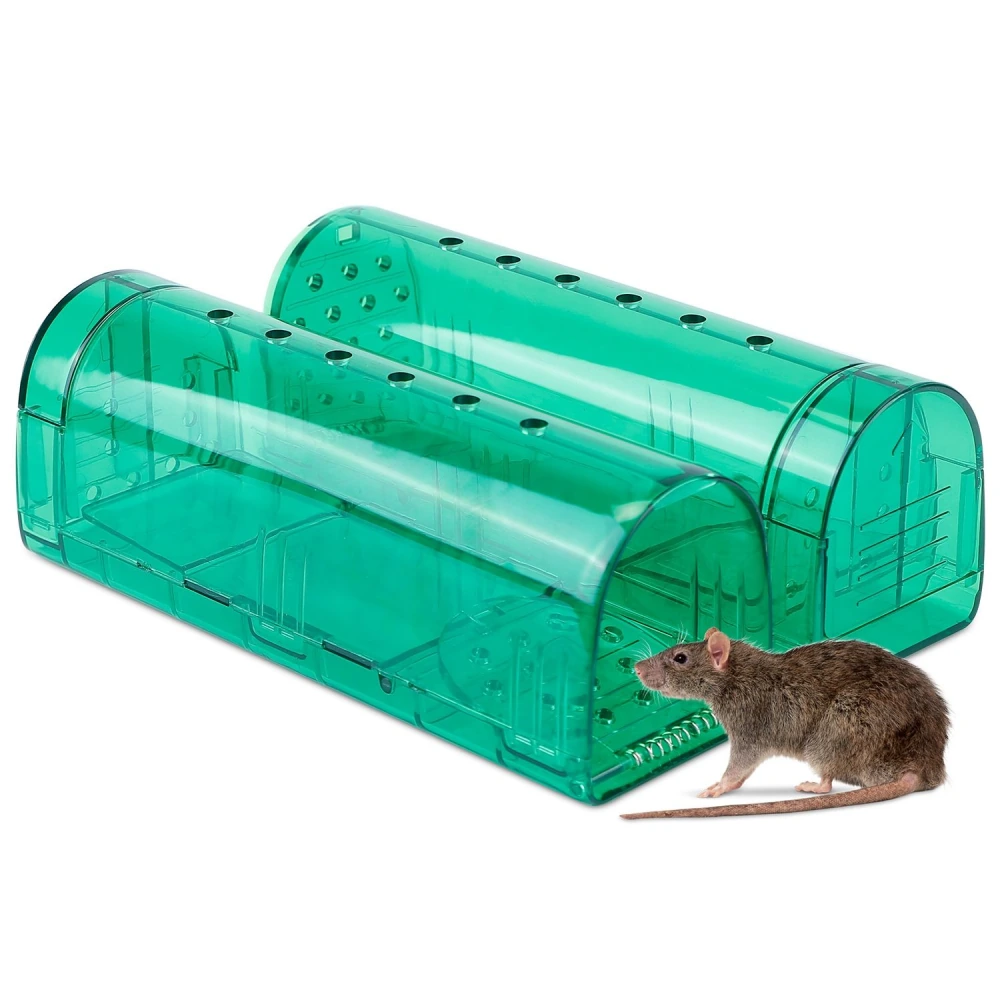 Clear green mouse traps with ventilation holes and a brown mouse nearby, ideal for humane pest control.