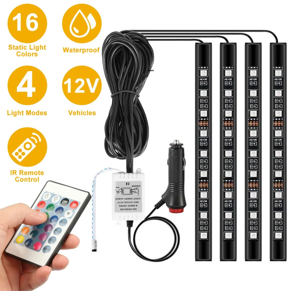 LED car light strip kit featuring 16 static colors, 4 light modes, waterproof design, powered by 12V, includes an IR remote control for easy operation.