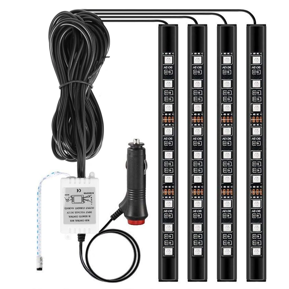 LED car ambient lighting kit with four light strips, a remote control box, and a cigarette lighter connector for easy installation and operation.