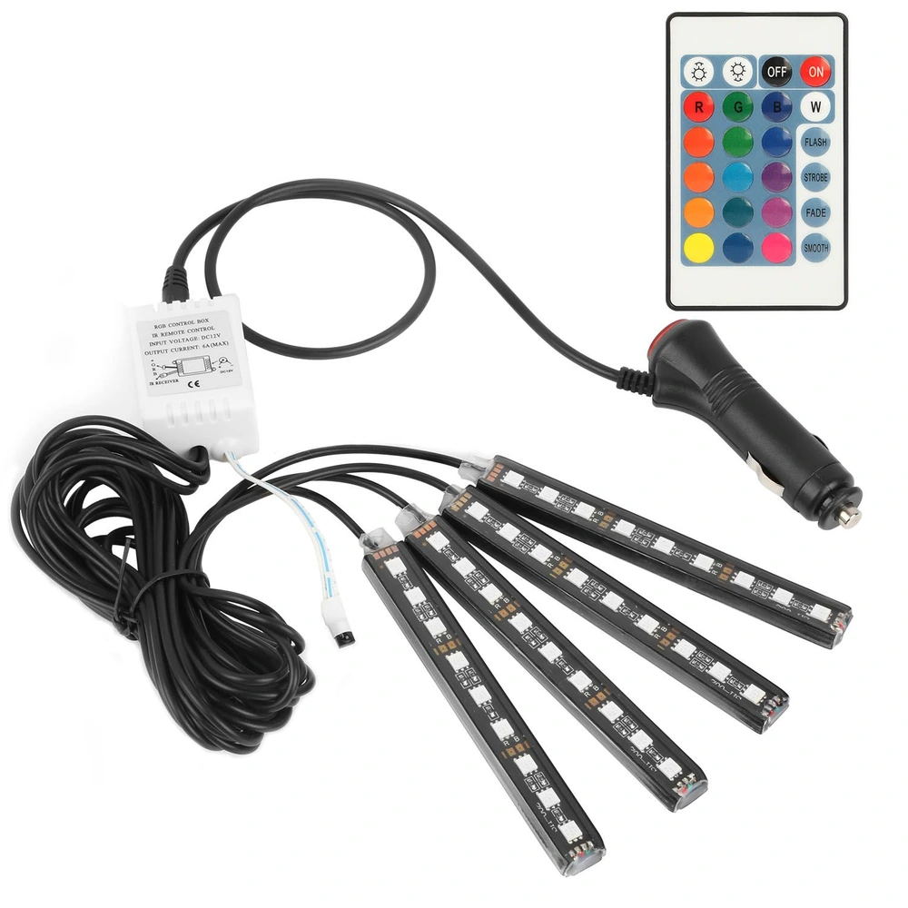 LED light strip kit with remote control, featuring four flexible strips, a cigarette lighter plug, and an inline controller for customizable lighting effects.