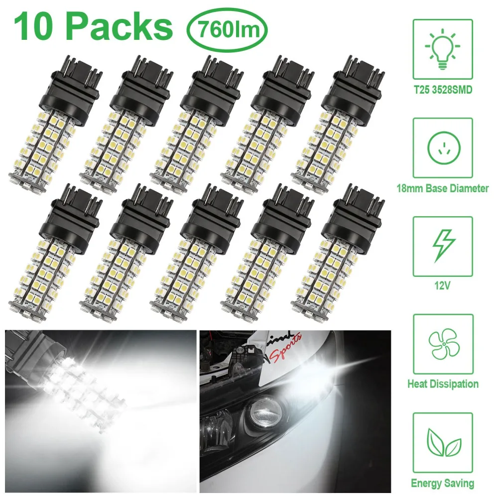 LED T25 3528 SMD bulbs pack of 10, 760 lumens, 18mm base diameter, energy-saving, for 12V vehicles with heat dissipation features, suitable for automotive lighting upgrades.
