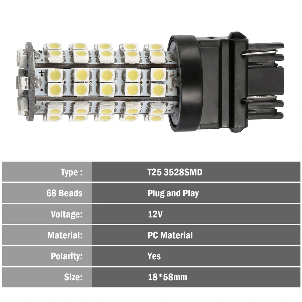 LED T25 3528 SMD bulb with 68 beads, 12V, PC material, plug and play design, measuring 18x58mm.