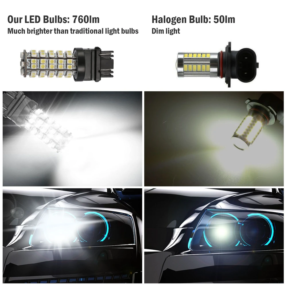 LED car bulbs comparison showing bright 760lm LED bulb next to 50lm halogen bulb, highlighting significant brightness difference; images illustrate lighting performance and vehicle headlight design.