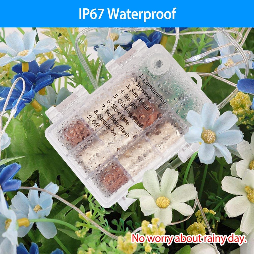 Waterproof LED light controller with IP67 rating, featuring nine lighting modes, placed among colorful flowers with a slight dew effect, emphasizing durability and weather resistance.