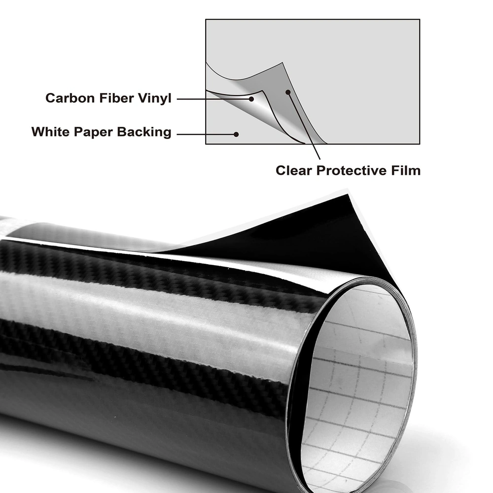 Close-up of carbon fiber vinyl roll showing layering of protective film and white paper backing for easy application and durability.