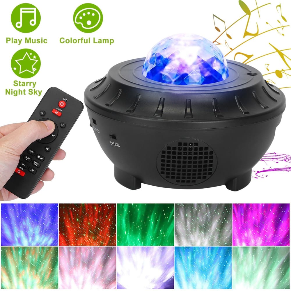 Remote-controlled projector lamp displaying colorful starry night effects, perfect for playing music and creating a vibrant atmosphere.