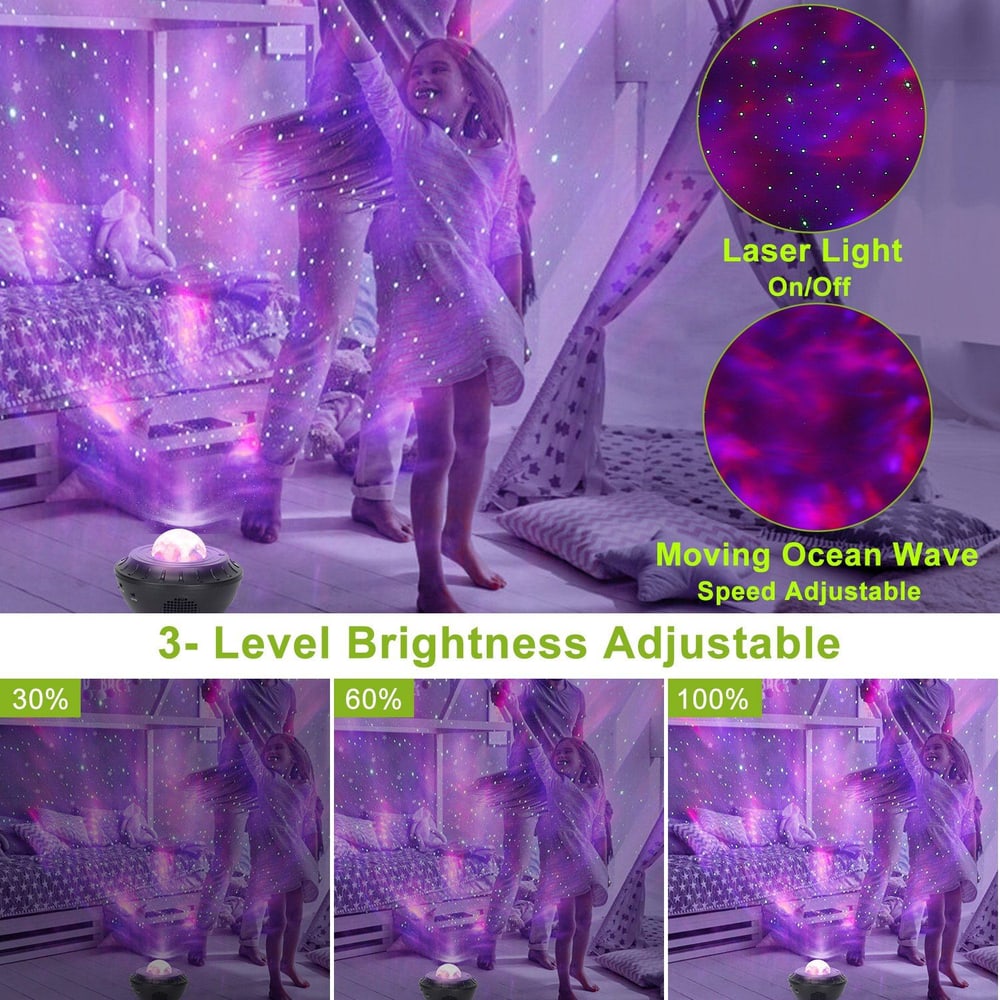 Child enjoying a colorful ocean wave and star projector light in a cozy bedroom, featuring adjustable brightness settings showcased in three images.