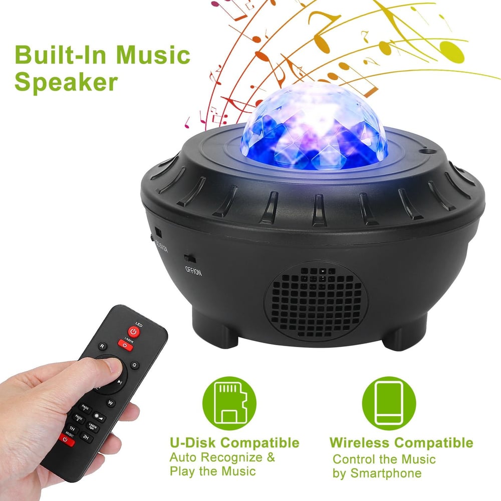 Multicolor LED Bluetooth music speaker with remote control, featuring U-Disk compatibility and wireless smartphone connection.