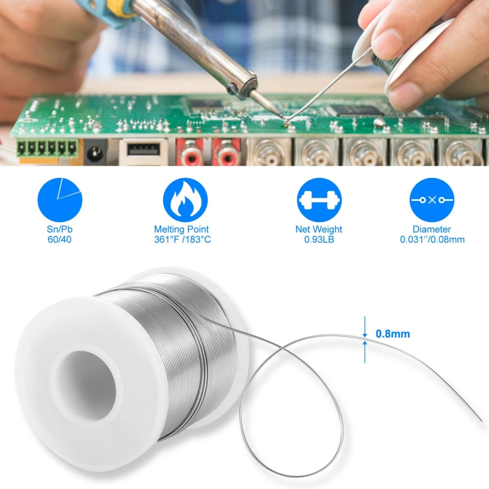 Solder wire on a spool with a technician soldering a circuit board in the background, showcasing specifications like 60/40 solder composition, melting point of 361°F (183°C), net weight of 0.93LB, and a diameter of 0.031 inches (0.08mm).
