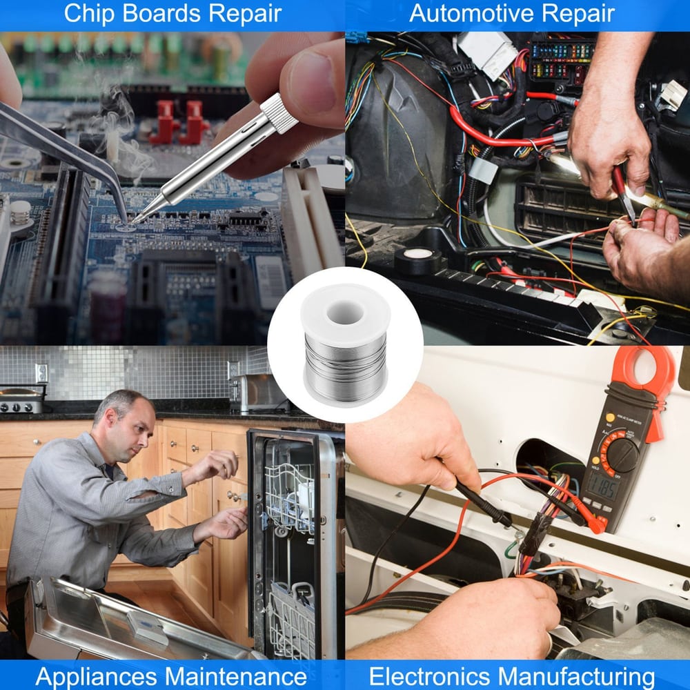 Image of a multi-purpose repair tool used in chip boards repair, automotive repair, appliances maintenance, and electronics manufacturing, featuring a central focus on a silver and white component surrounded by work scenes.