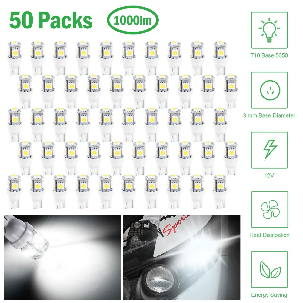 Bulk pack of 50 LED T10 bulbs, 1000 lumens, 12V with 9mm base diameter, showcasing bright lighting for automotive and home use, featuring images of installation and light output.