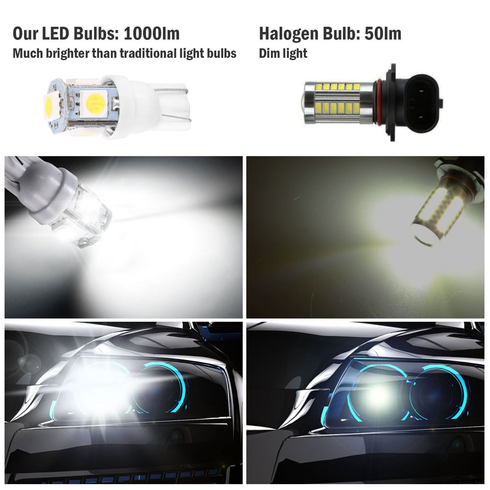 Comparison of LED and halogen car bulbs, showcasing bright LED bulb (1000lm) on the left and dim halogen bulb (50lm) on the right, with images demonstrating their illumination on a car's headlights.