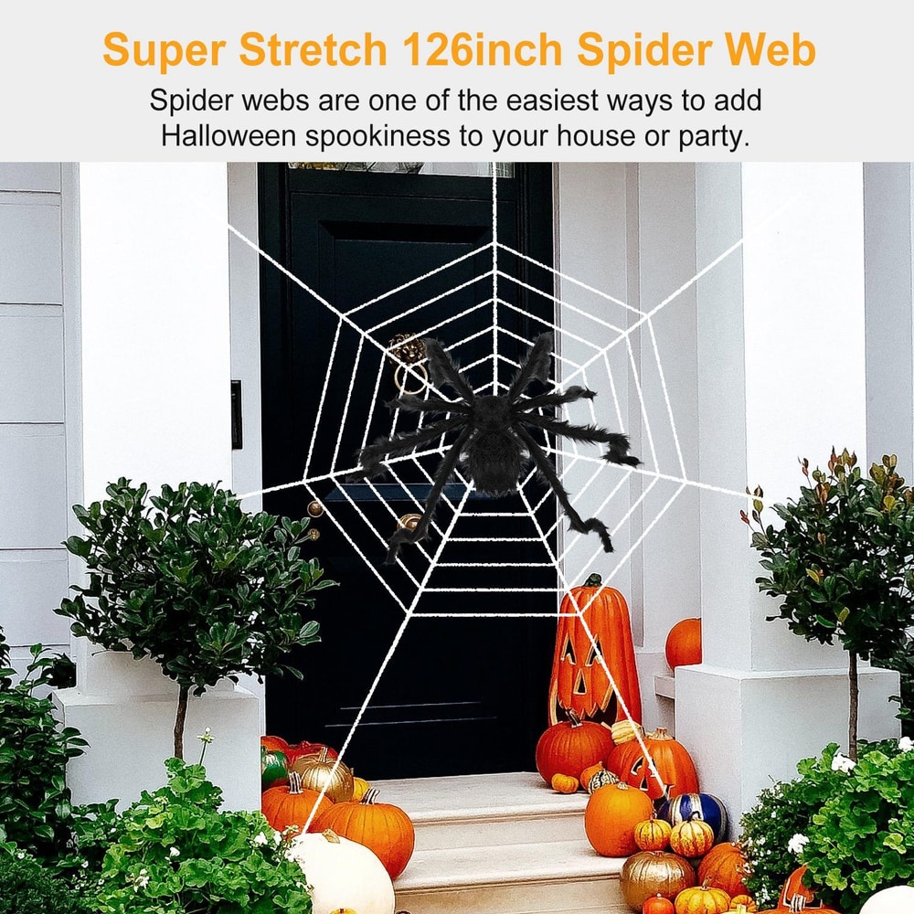 Super Stretch 126-inch Spider Web decoration with a realistic black spider on a front porch surrounded by pumpkins, perfect for adding Halloween ambiance to home or party.