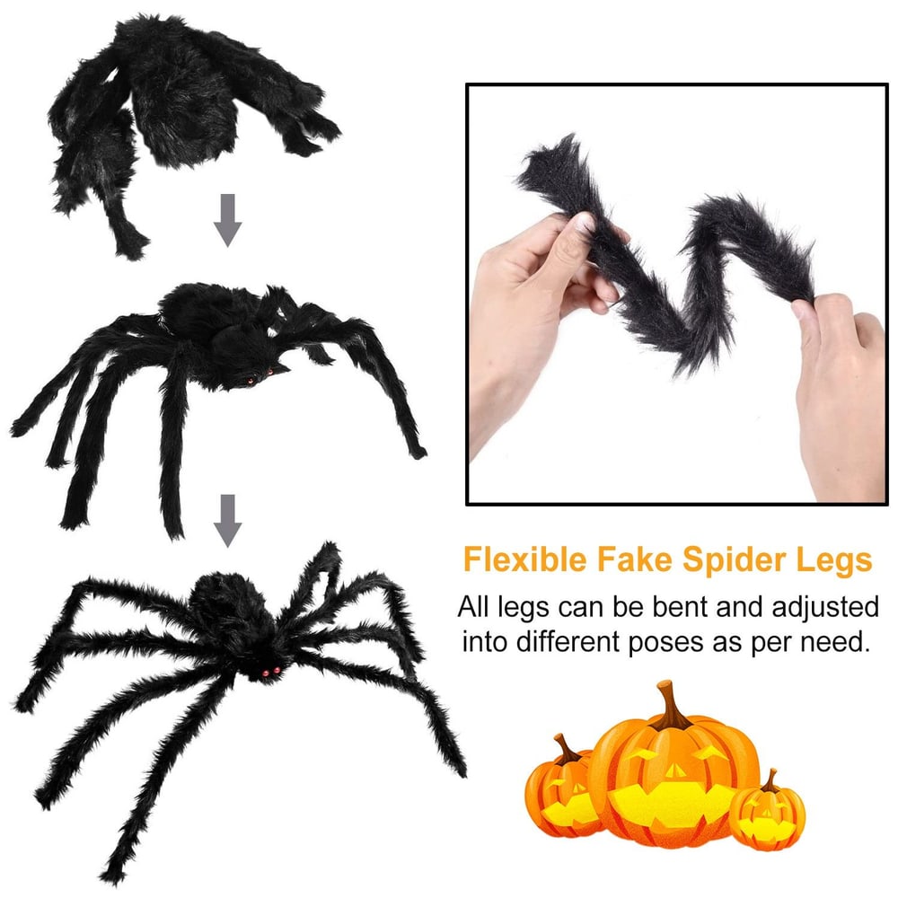 Realistic black fake spider with flexible legs shown in various positions, perfect for Halloween decorations and pranks.