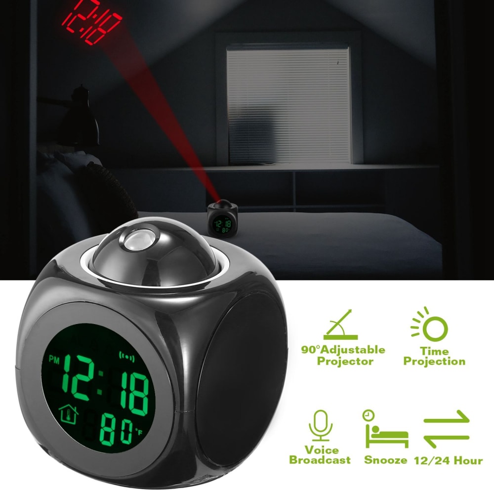 Rotating digital alarm clock with 90-degree adjustable time projection, displaying time and temperature in a dark environment, featuring voice broadcast and snooze function.