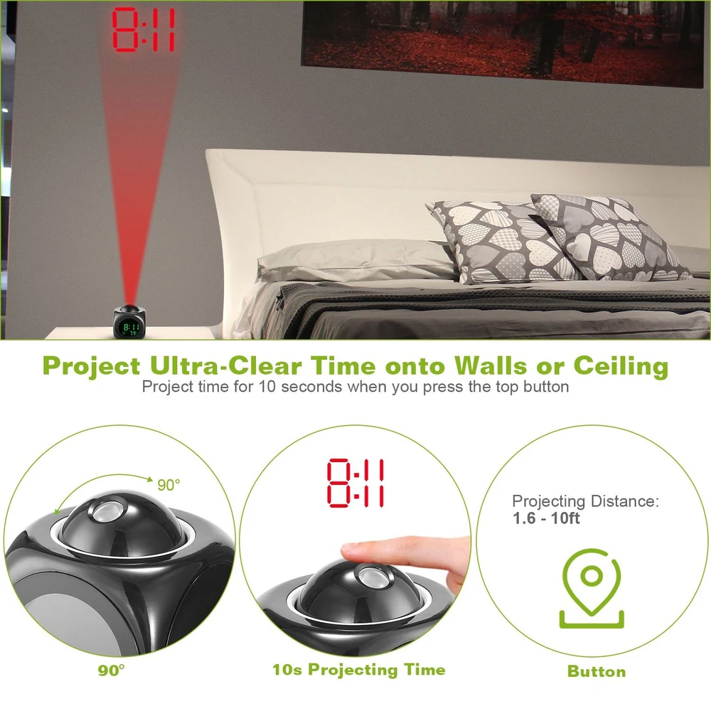 Digital alarm clock projecting time in red onto a wall, featuring a sleek black design, ideal for bedrooms, showing the time 8:11 with the ability to project for 10 seconds when activated.