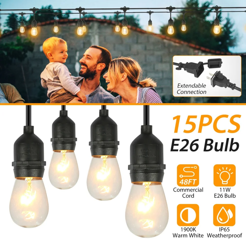 Warm white outdoor string lights featuring 15 E26 bulbs on a 48ft commercial cord, ideal for creating a cozy ambiance in any setting.