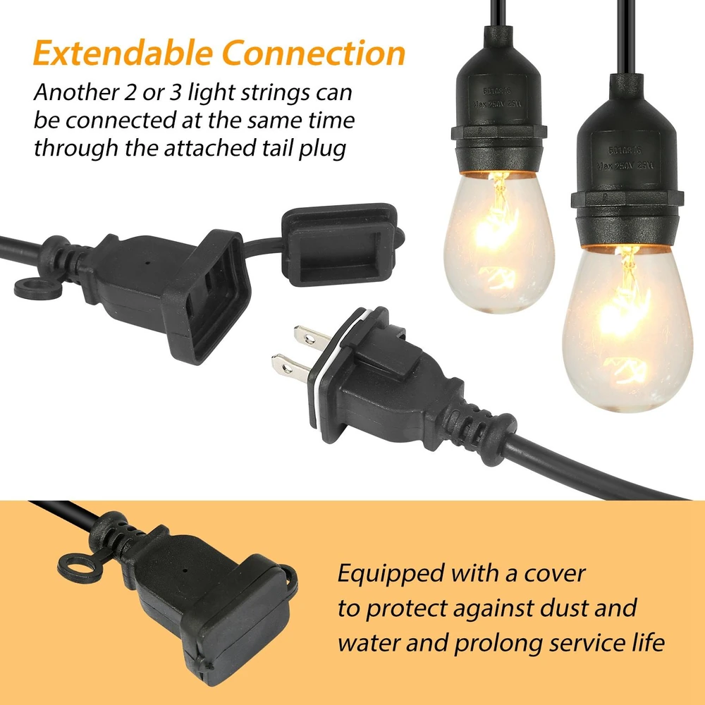 Image of an extendable outdoor light string connection, featuring a black tail plug and electrical plug, with glowing light bulbs, showcasing its waterproof cover and ability to connect multiple light strings.