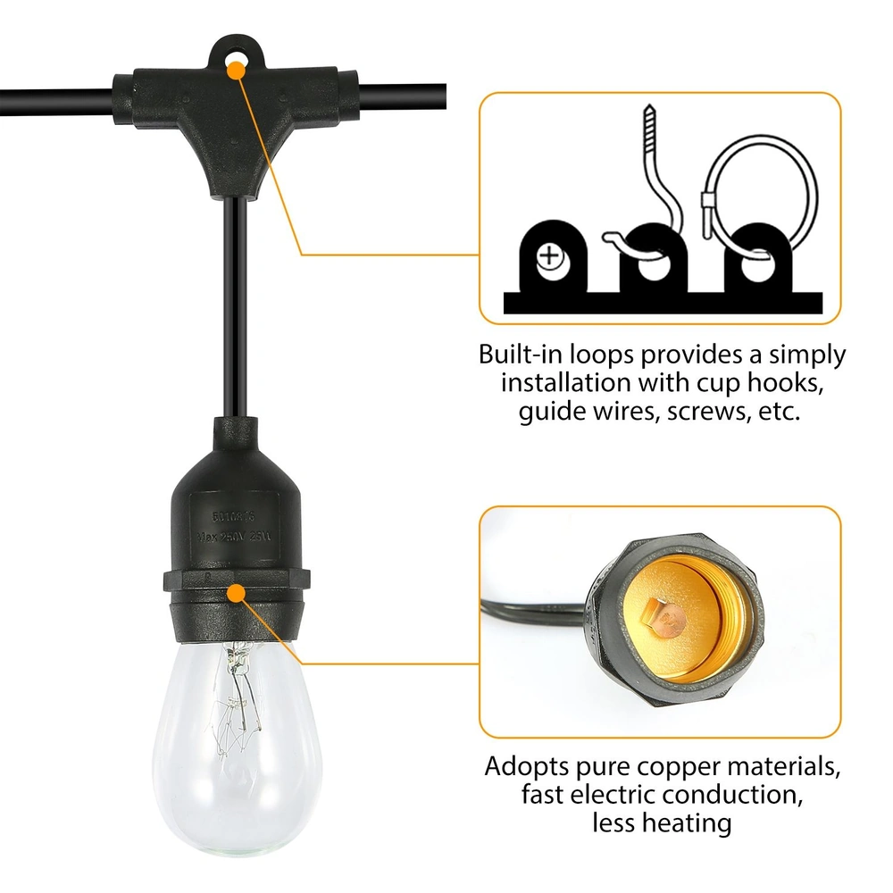 Black hanging light socket with clear bulb, featuring built-in loops for easy installation and pure copper materials for efficient electric conduction and reduced heat.
